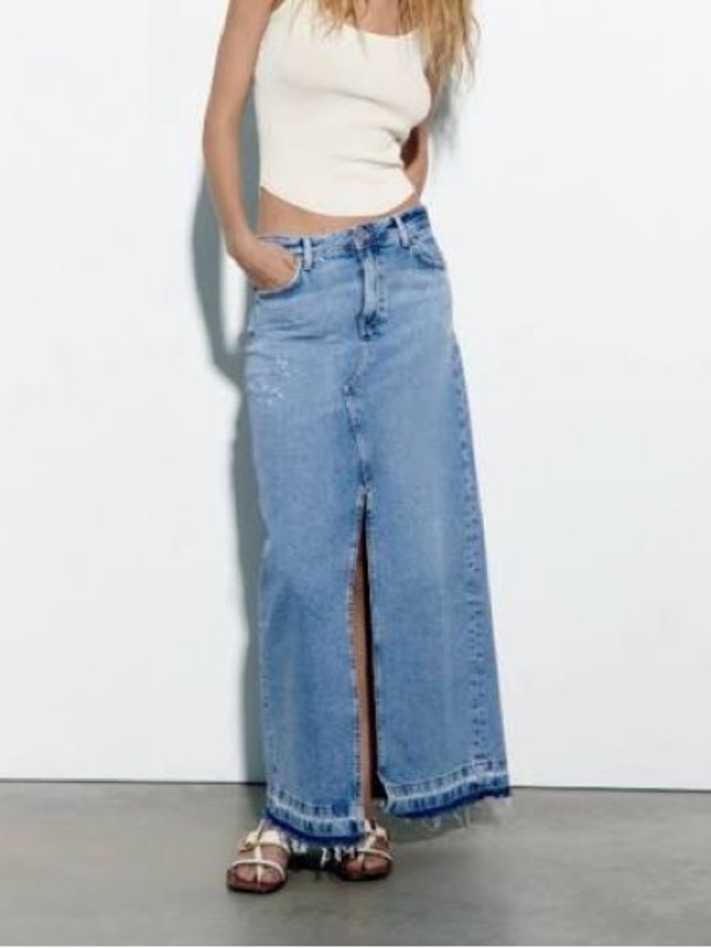 Zara Light Blue Denim Maxi Skirt with Front Slit